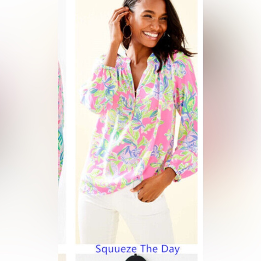 Lilly Pulitzer Elsa silk top in RARE “Squeeze The Day” print.  Size Medium.